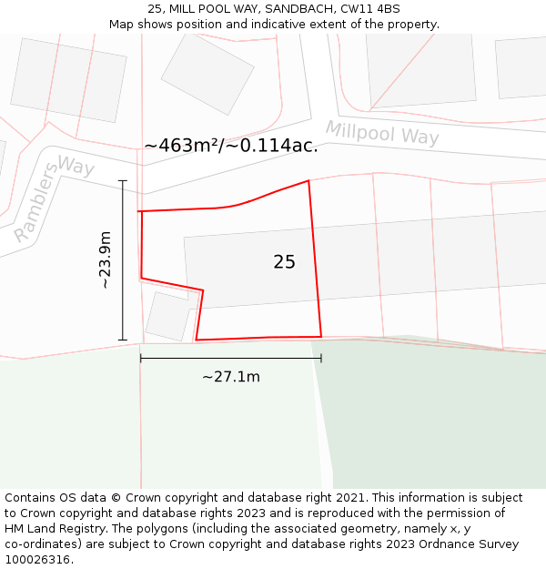 25, MILL POOL WAY, SANDBACH, CW11 4BS: Plot and title map