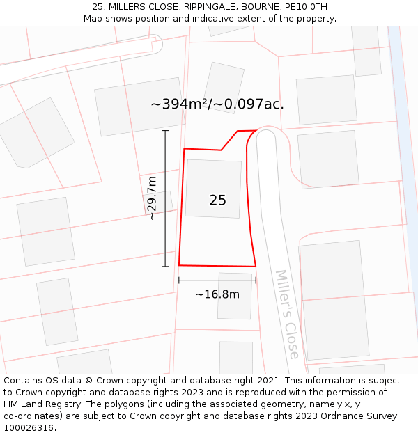 25, MILLERS CLOSE, RIPPINGALE, BOURNE, PE10 0TH: Plot and title map