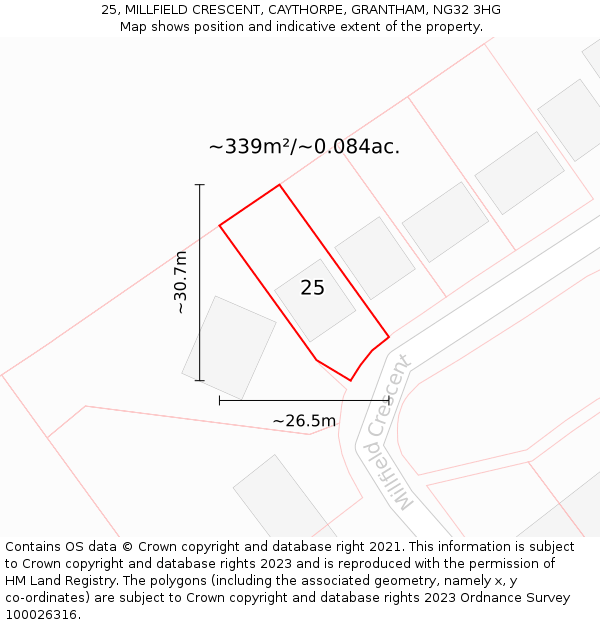 25, MILLFIELD CRESCENT, CAYTHORPE, GRANTHAM, NG32 3HG: Plot and title map