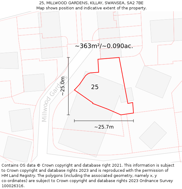 25, MILLWOOD GARDENS, KILLAY, SWANSEA, SA2 7BE: Plot and title map