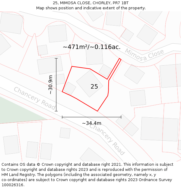 25, MIMOSA CLOSE, CHORLEY, PR7 1BT: Plot and title map