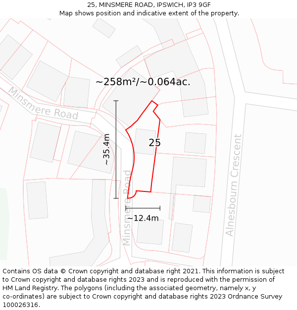 25, MINSMERE ROAD, IPSWICH, IP3 9GF: Plot and title map