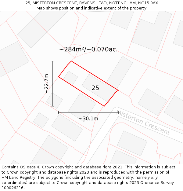 25, MISTERTON CRESCENT, RAVENSHEAD, NOTTINGHAM, NG15 9AX: Plot and title map