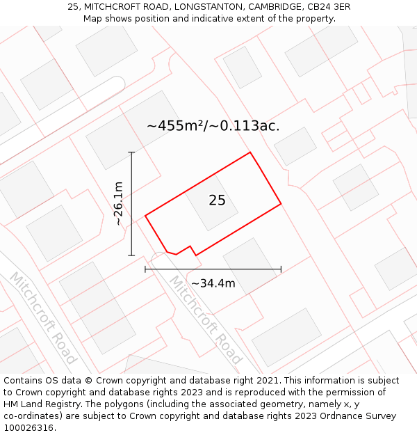 25, MITCHCROFT ROAD, LONGSTANTON, CAMBRIDGE, CB24 3ER: Plot and title map