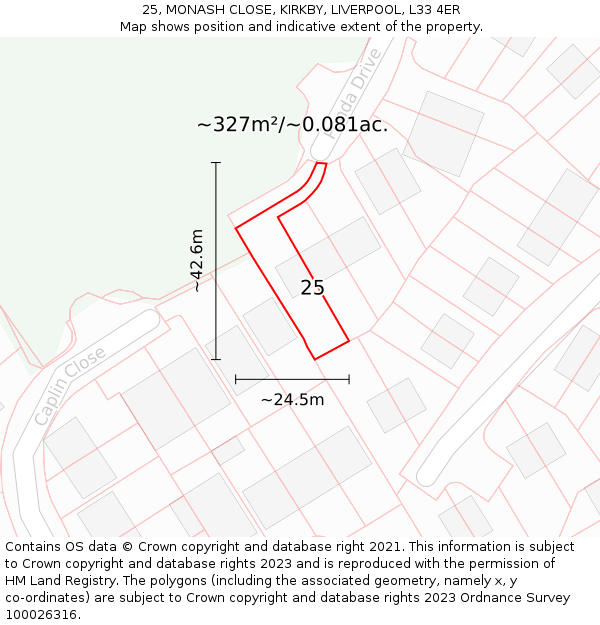 25, MONASH CLOSE, KIRKBY, LIVERPOOL, L33 4ER: Plot and title map