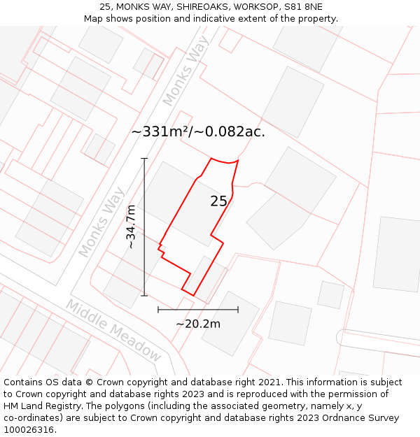 25, MONKS WAY, SHIREOAKS, WORKSOP, S81 8NE: Plot and title map