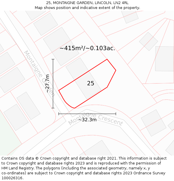 25, MONTAIGNE GARDEN, LINCOLN, LN2 4RL: Plot and title map