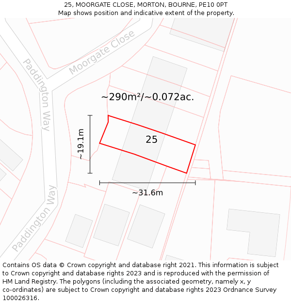 25, MOORGATE CLOSE, MORTON, BOURNE, PE10 0PT: Plot and title map