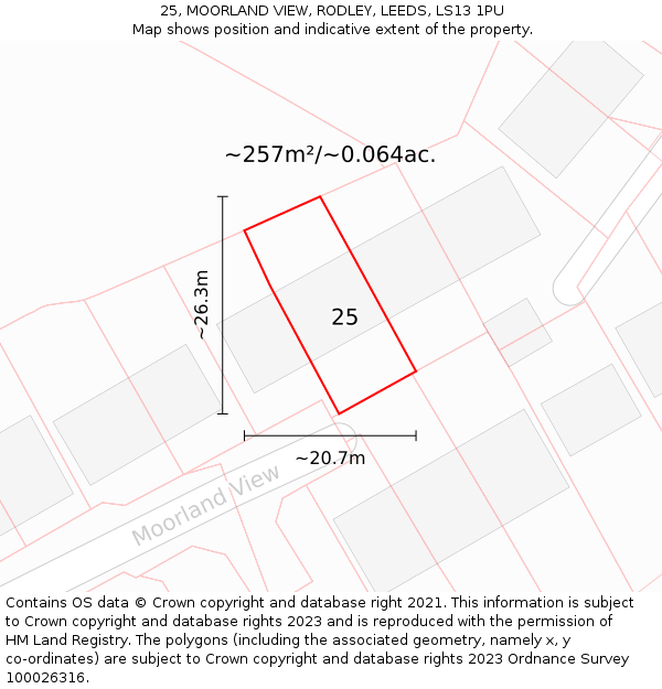 25, MOORLAND VIEW, RODLEY, LEEDS, LS13 1PU: Plot and title map