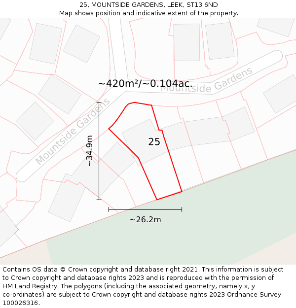25, MOUNTSIDE GARDENS, LEEK, ST13 6ND: Plot and title map