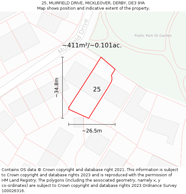 25, MUIRFIELD DRIVE, MICKLEOVER, DERBY, DE3 9YA: Plot and title map