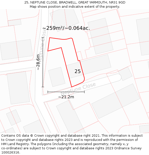 25, NEPTUNE CLOSE, BRADWELL, GREAT YARMOUTH, NR31 9GD: Plot and title map