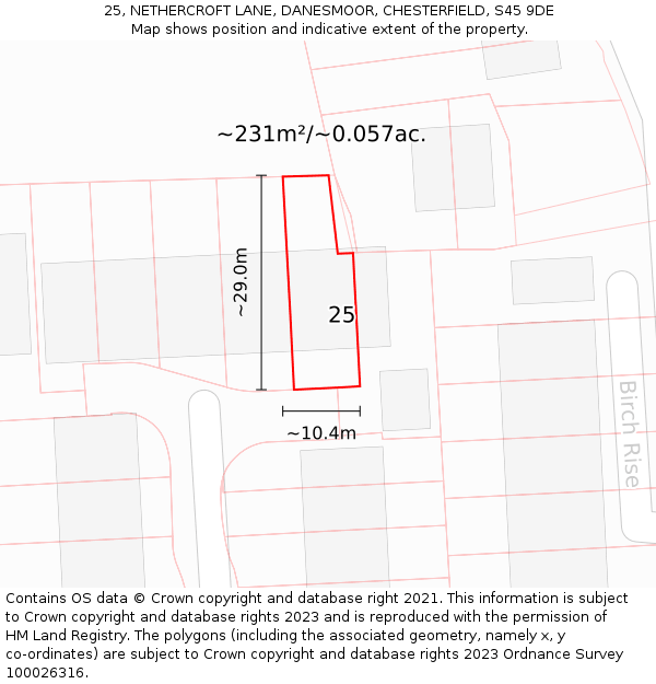 25, NETHERCROFT LANE, DANESMOOR, CHESTERFIELD, S45 9DE: Plot and title map