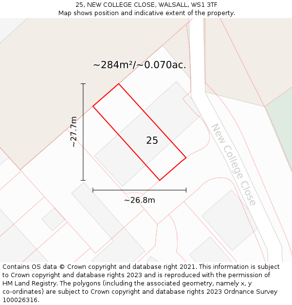 25, NEW COLLEGE CLOSE, WALSALL, WS1 3TF: Plot and title map