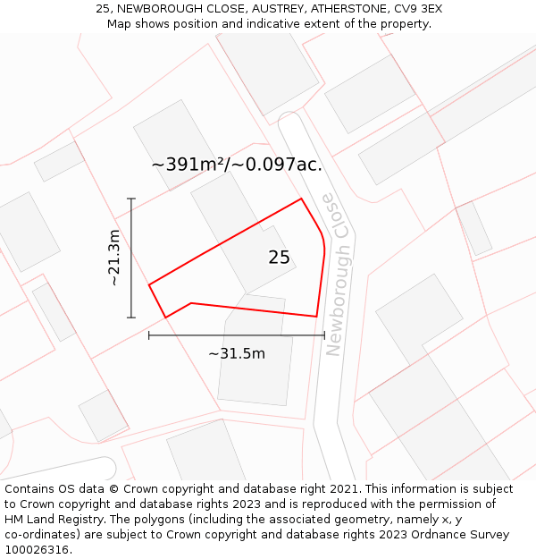 25, NEWBOROUGH CLOSE, AUSTREY, ATHERSTONE, CV9 3EX: Plot and title map