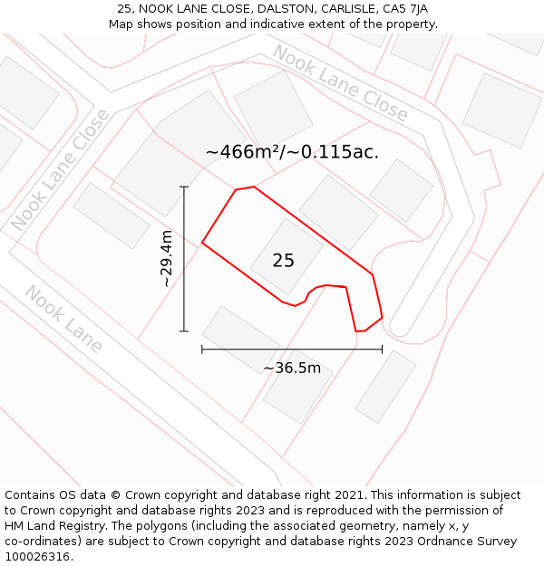 25, NOOK LANE CLOSE, DALSTON, CARLISLE, CA5 7JA: Plot and title map