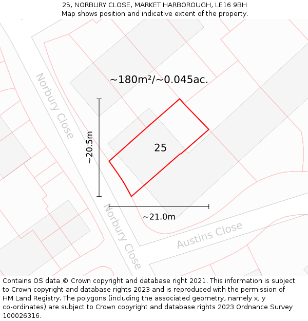 25, NORBURY CLOSE, MARKET HARBOROUGH, LE16 9BH: Plot and title map