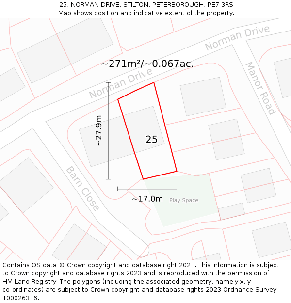 25, NORMAN DRIVE, STILTON, PETERBOROUGH, PE7 3RS: Plot and title map