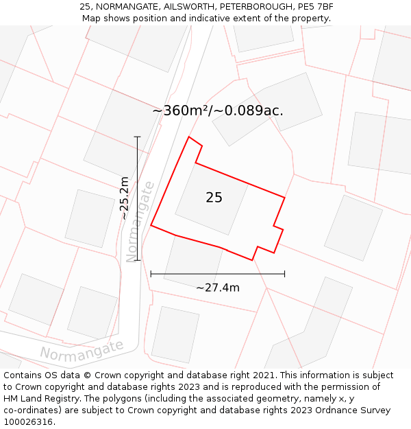 25, NORMANGATE, AILSWORTH, PETERBOROUGH, PE5 7BF: Plot and title map