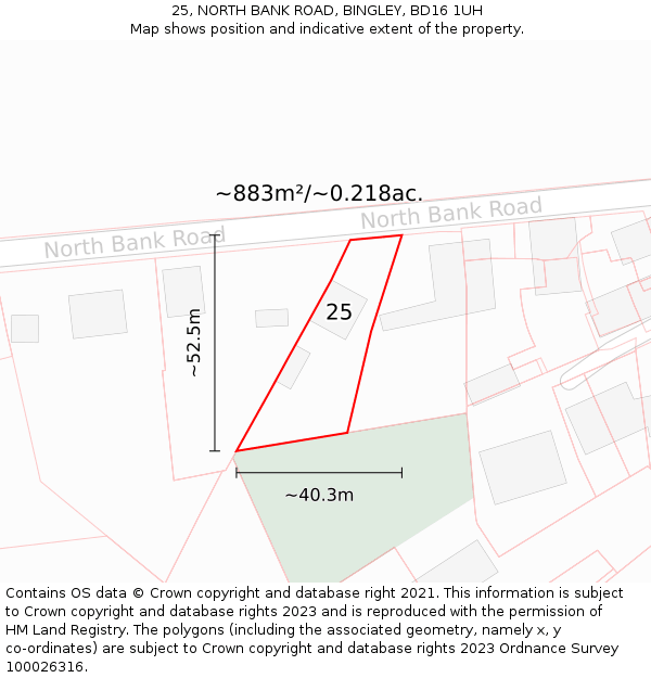 25, NORTH BANK ROAD, BINGLEY, BD16 1UH: Plot and title map