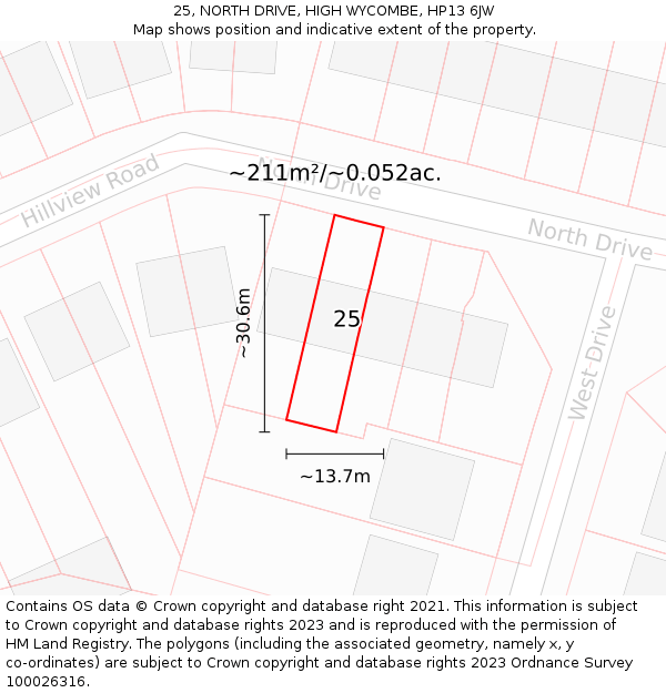 25, NORTH DRIVE, HIGH WYCOMBE, HP13 6JW: Plot and title map