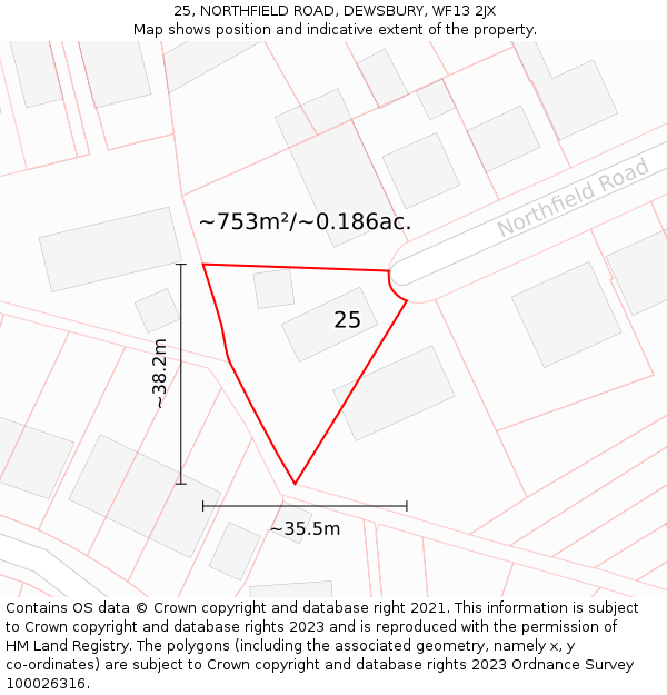 25, NORTHFIELD ROAD, DEWSBURY, WF13 2JX: Plot and title map