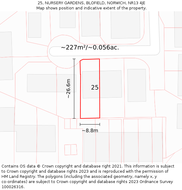 25, NURSERY GARDENS, BLOFIELD, NORWICH, NR13 4JE: Plot and title map