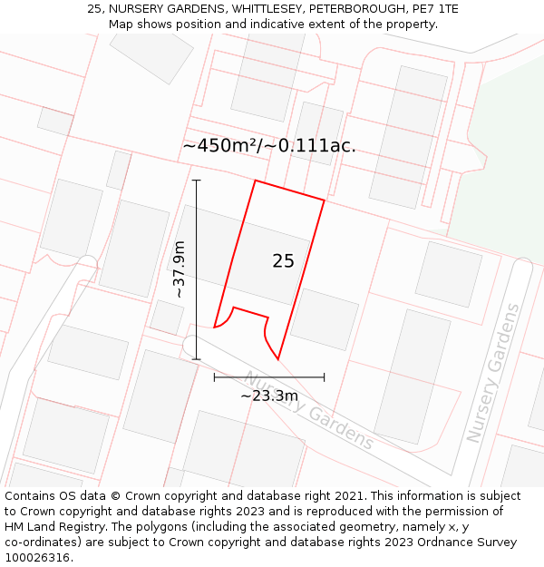 25, NURSERY GARDENS, WHITTLESEY, PETERBOROUGH, PE7 1TE: Plot and title map