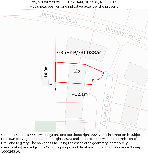 25, NURSEY CLOSE, ELLINGHAM, BUNGAY, NR35 2HD: Plot and title map