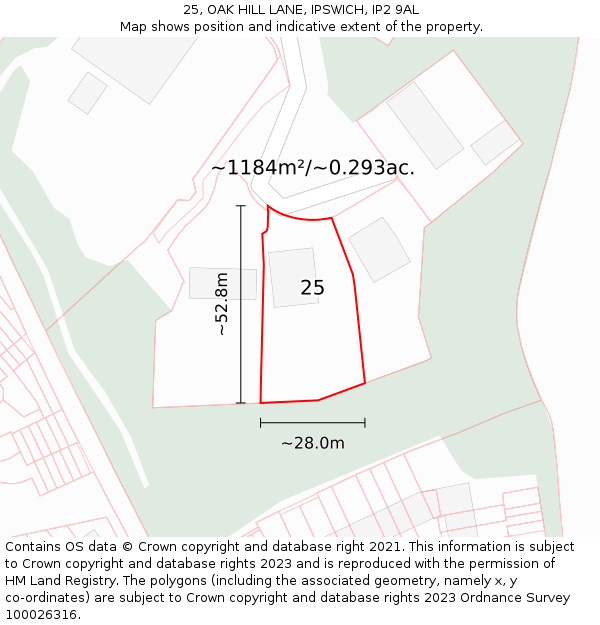 25, OAK HILL LANE, IPSWICH, IP2 9AL: Plot and title map