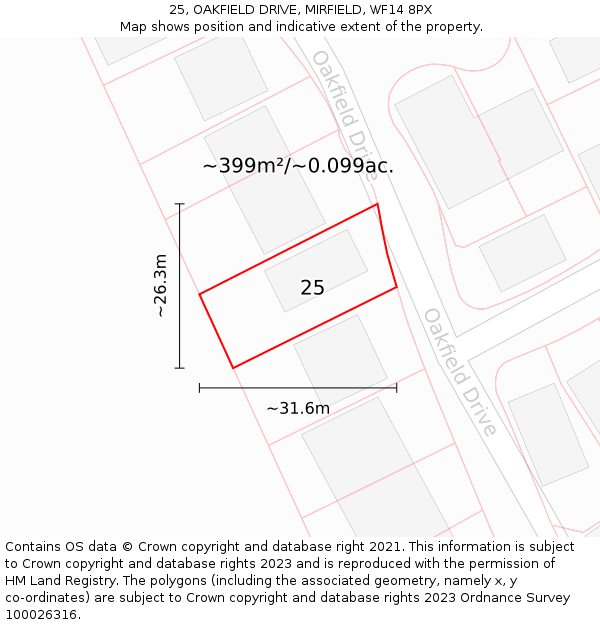 25, OAKFIELD DRIVE, MIRFIELD, WF14 8PX: Plot and title map