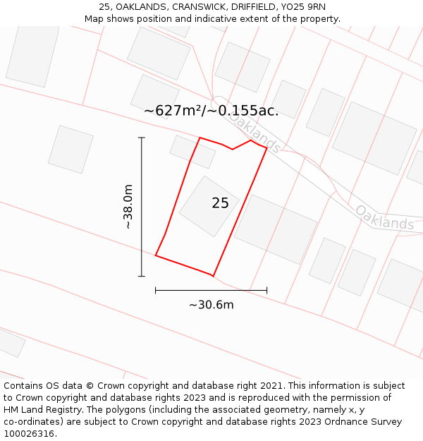 25, OAKLANDS, CRANSWICK, DRIFFIELD, YO25 9RN: Plot and title map