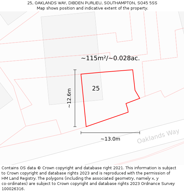 25, OAKLANDS WAY, DIBDEN PURLIEU, SOUTHAMPTON, SO45 5SS: Plot and title map
