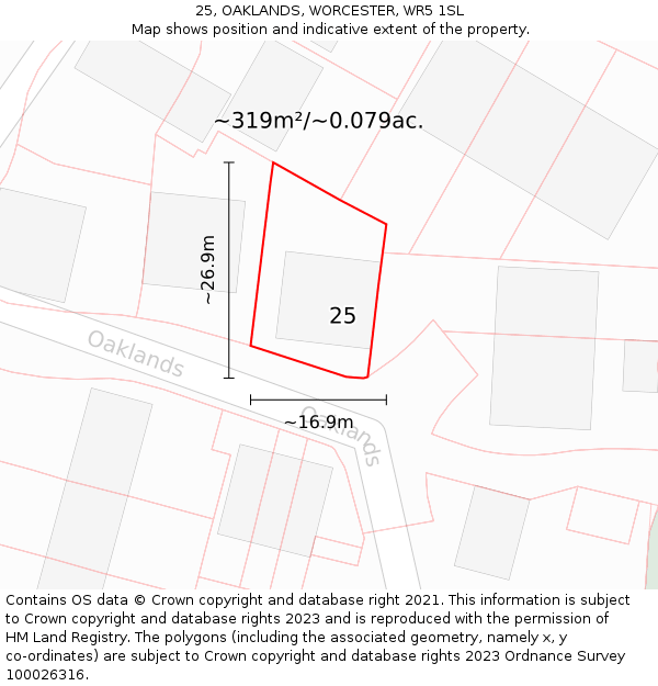 25, OAKLANDS, WORCESTER, WR5 1SL: Plot and title map