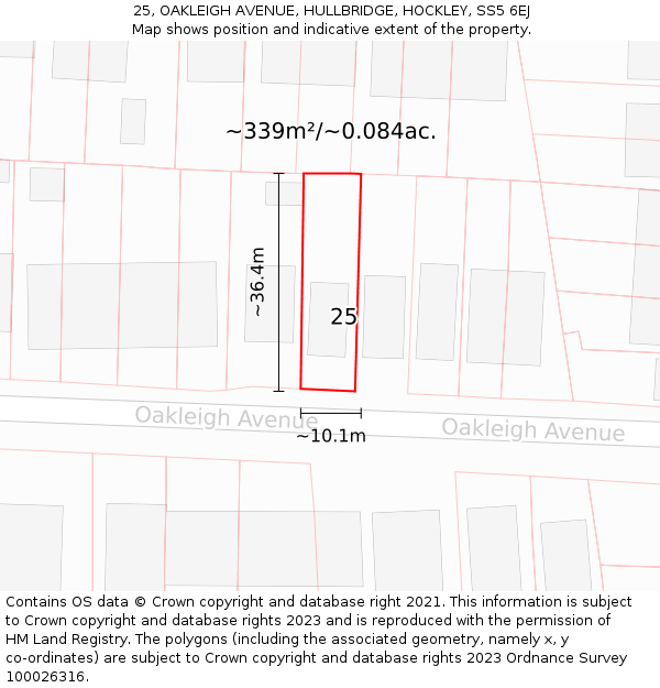 25, OAKLEIGH AVENUE, HULLBRIDGE, HOCKLEY, SS5 6EJ: Plot and title map