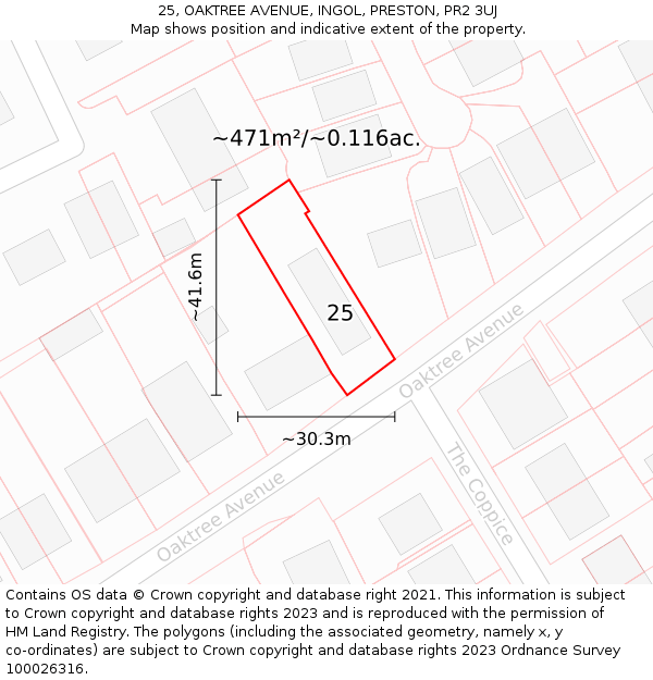 25, OAKTREE AVENUE, INGOL, PRESTON, PR2 3UJ: Plot and title map