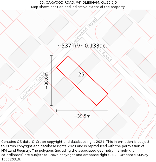 25, OAKWOOD ROAD, WINDLESHAM, GU20 6JD: Plot and title map