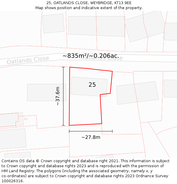 25, OATLANDS CLOSE, WEYBRIDGE, KT13 9EE: Plot and title map
