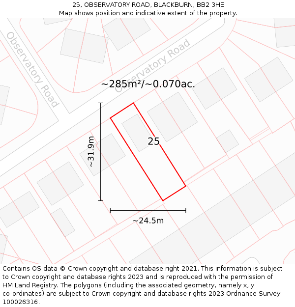 25, OBSERVATORY ROAD, BLACKBURN, BB2 3HE: Plot and title map