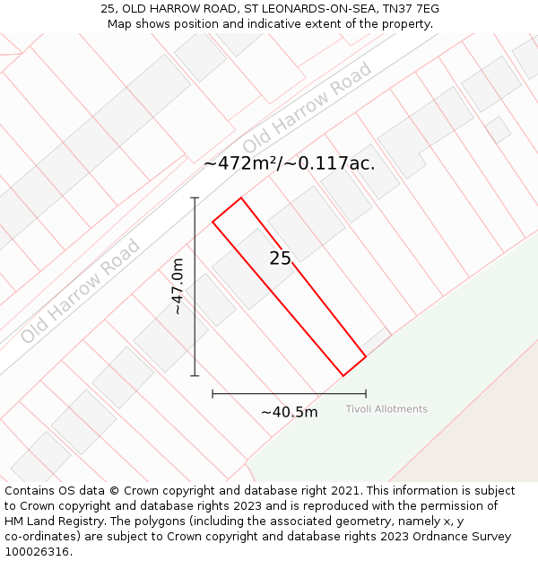25, OLD HARROW ROAD, ST LEONARDS-ON-SEA, TN37 7EG: Plot and title map