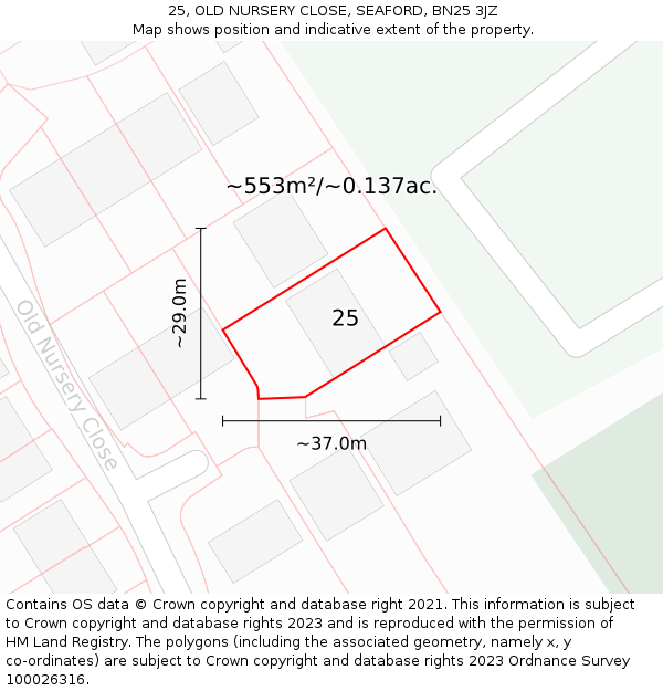 25, OLD NURSERY CLOSE, SEAFORD, BN25 3JZ: Plot and title map