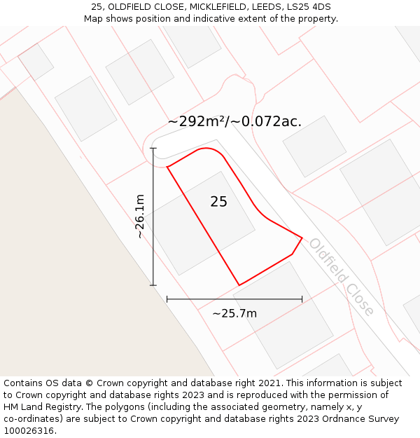 25, OLDFIELD CLOSE, MICKLEFIELD, LEEDS, LS25 4DS: Plot and title map