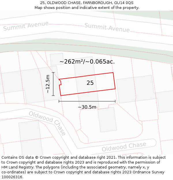 25, OLDWOOD CHASE, FARNBOROUGH, GU14 0QS: Plot and title map