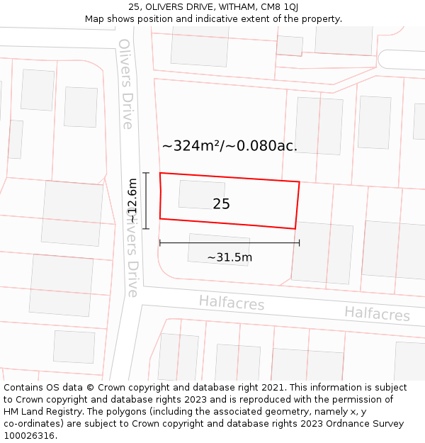 25, OLIVERS DRIVE, WITHAM, CM8 1QJ: Plot and title map