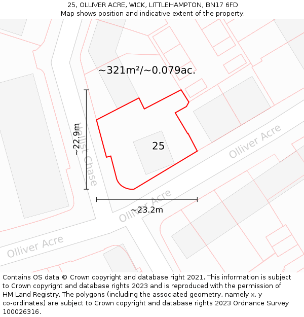 25, OLLIVER ACRE, WICK, LITTLEHAMPTON, BN17 6FD: Plot and title map