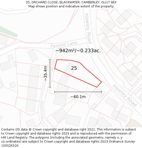 25, ORCHARD CLOSE, BLACKWATER, CAMBERLEY, GU17 9EX: Plot and title map