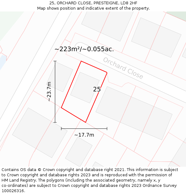 25, ORCHARD CLOSE, PRESTEIGNE, LD8 2HF: Plot and title map