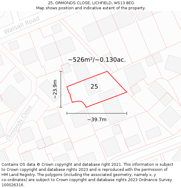 25, ORMONDS CLOSE, LICHFIELD, WS13 8EG: Plot and title map