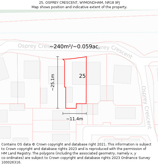 25, OSPREY CRESCENT, WYMONDHAM, NR18 9FJ: Plot and title map