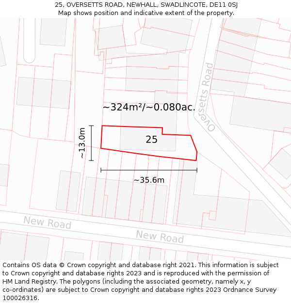 25, OVERSETTS ROAD, NEWHALL, SWADLINCOTE, DE11 0SJ: Plot and title map